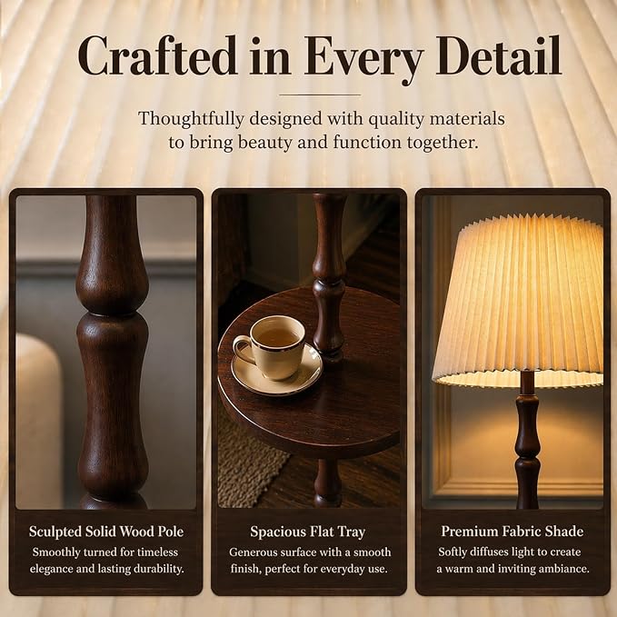 Real Wood Floor Lamp with Built-in Tray, Remote Control, Adjustable Brightness & 3 Color Temperatures, Dimmable Standing Lamp for Living Room, Bedroom, and Office – Easy Setup(Dark Walnut)