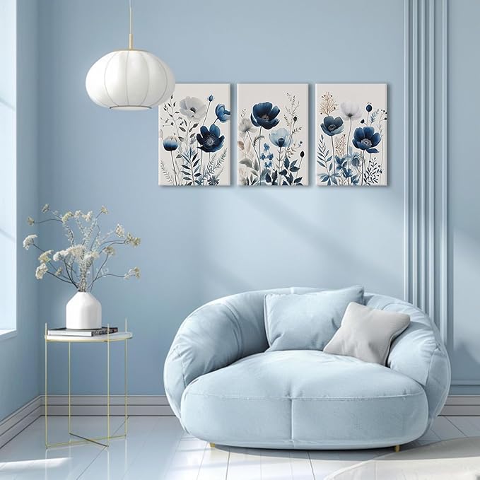 BingruiArt Navy Blue Canvas Wall Art Blue and Gray Boho Flower Wall Decor Floral Watercolor Art Prints Pictures Painting for Living Room Bedroom Bathroom 3Pcs 12x16in Framed