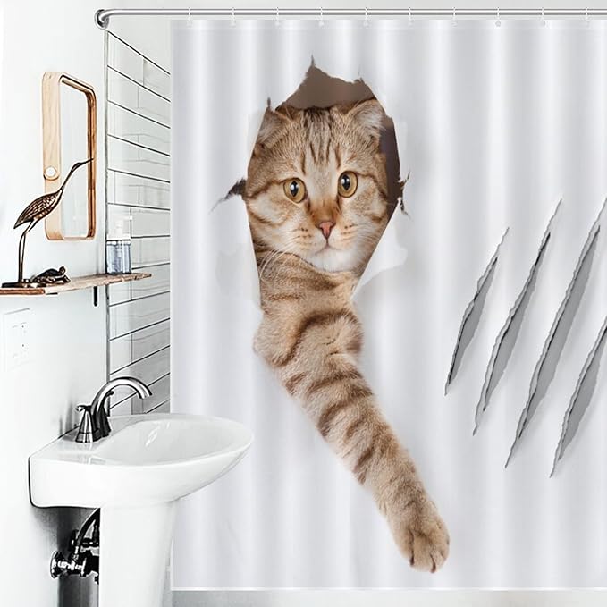 Cat Shower Curtain Funny Cat Hole Claw Scratches Playful Pet Pattern Duty Fabric Shower Curtains Set Bathroom Polyester Waterproof with 12 Hooks, 66x72Inch（168x183cm）