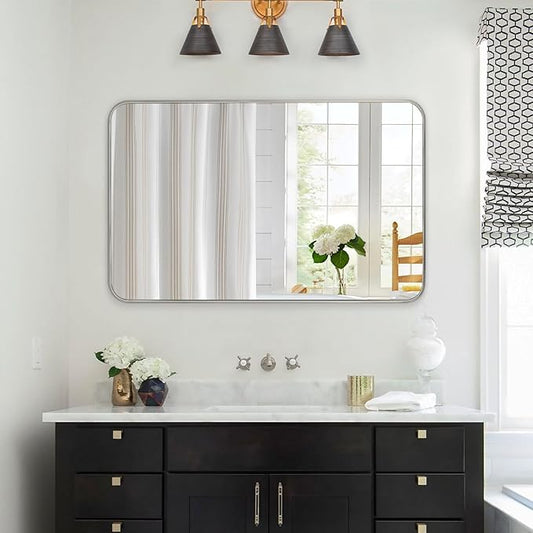 Bathroom Mirror Brushed Nickel, 30 x 48 Inch Metal Frame Rectangle Mirror Rounded Silver Modern Vanity Mirror Anti-Rust for Bathroom, Farmhouse Wall Mounted Vertically/Horizontally