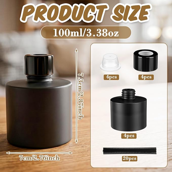 Chunful 4 Sets Black Reed Diffuser Bottle Empty Refillable Fragrance Glass Diffuser Bottles 100ml Round Glass Jars with Black Caps & Rattan Sticks for Living Room Home Replacement Fragrance DIY