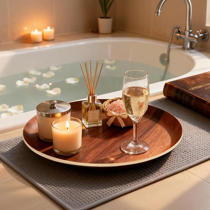 Yangbaga Acacia Wood Serving Tray,Round Decorative Tray for Living Room,Modern Coffee Table Tray,Serving Platters for Home Decor,Ottoman,Bed,Kitchen,Bathroom, Breakfast,Bar