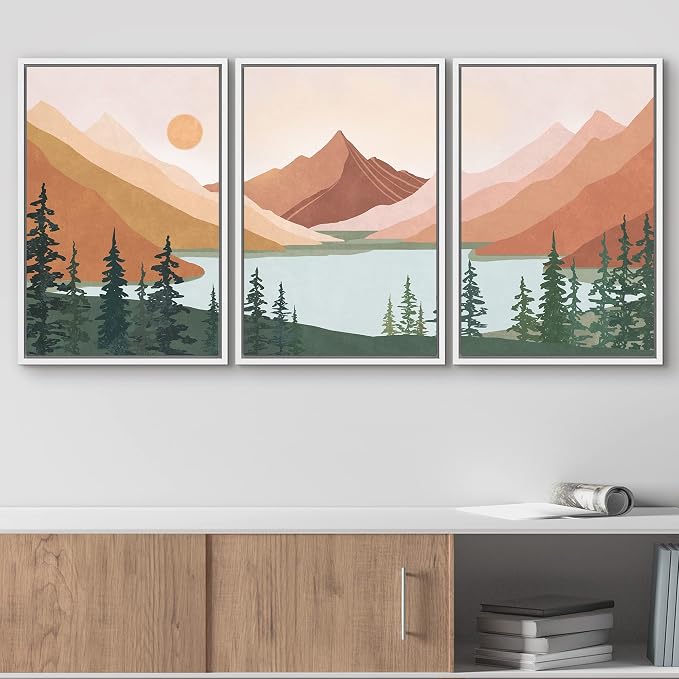 wall26 Framed Canvas Print Wall Art Set Geometric Mountain Forest Lake Abstract Nature Illustrations Modern Art Nordic Decorative Minimal Boho for Living Room, Bedroom, Office - 24"x36"x3 White