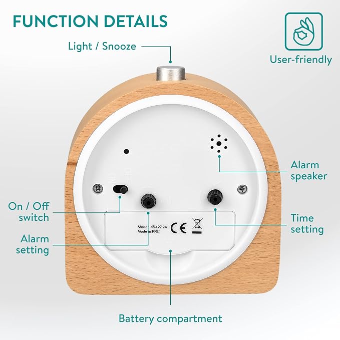 Navaris Wood Analog Alarm Clock - Half-Round Battery-Operated Non-Ticking Clock with Snooze Button and Light - Light Brown