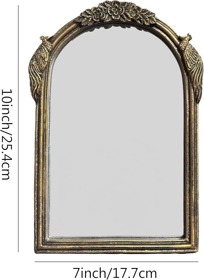 Vintage Vanity Desk Mirror -10x7Inch Wall-Mounted & Tabletop Decorative Ornate Gold Accent Retro Makeup Mirror for Bedroom Dresser Living Room Bathroom Dorm Champagne Gold