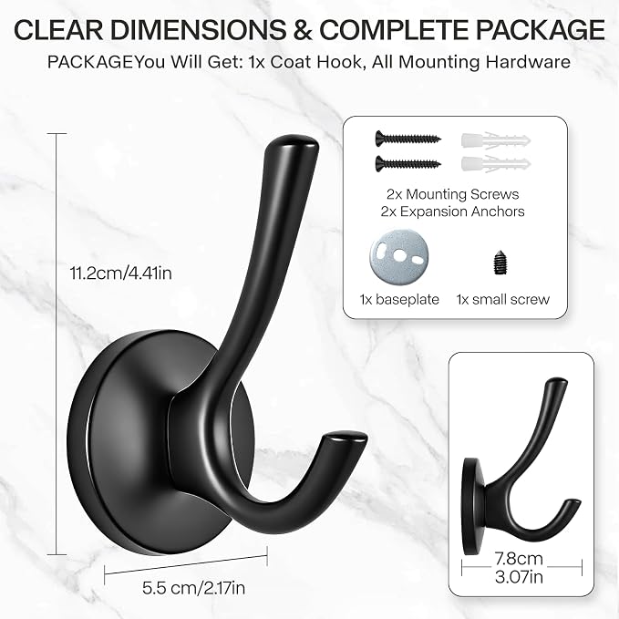 Towel Hooks-Coat Robe Hooks-Heavy Duty Metal Double Bathrobe Hook-Black Towel Hooks for Bathrooms-Kitchen Closet Garage（2Pcs Black）