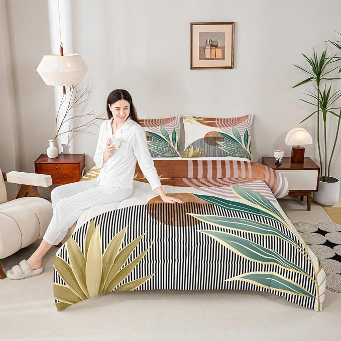 Erosebridal Boho Mid Century Comforter Set Queen Vintage Bedding Set for Boys Girls,Abstarct Retro Stripes Down Comforter Modern Minimalist Simplistic Duvet Insert,Brown Room Decor