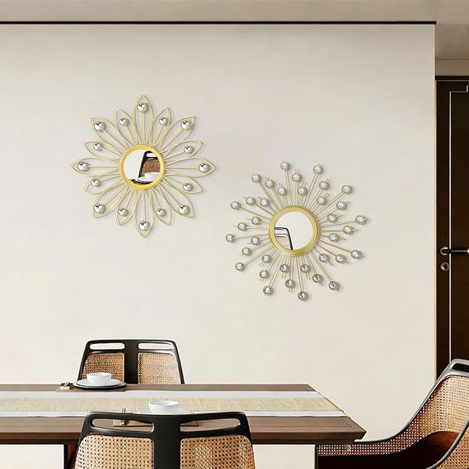 2 Pack Metal Mirrors for Wall Boho Sunburst Wall Mirror Home Decor Modern Decorative Wall Art for Bedroom Living Room Entryway