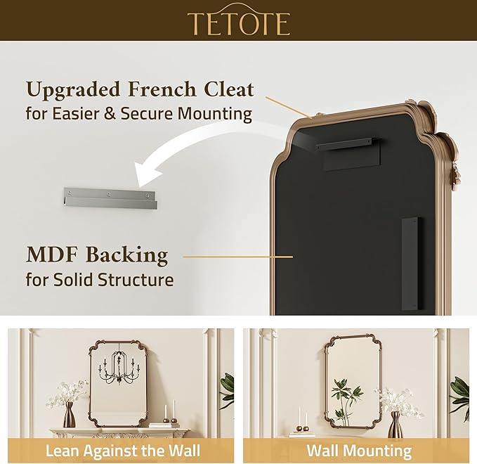 TETOTE Baroque Gold Antique Brass Scroll Wall Mirror 48 x 30 Vintage Rectangle Framed Baroque French Rectangular Mirror for Mantle Fireplace Bathroom Living Room, Horizontal/Vertical
