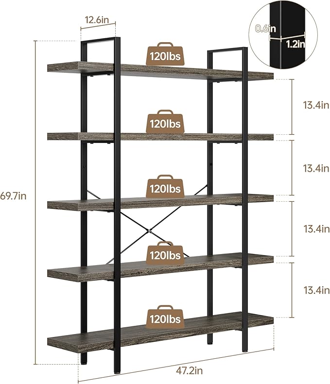 Bookshelf Set, Heavy Duty 5-Tier Industrial Bookcase, 47" Wide Wood Bookshelf for Home Office, 120lbs Shelf Capacity, Rustic Open Display with Horizontal Shelf for Living Room Bedroom, Grey