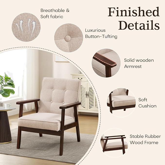 Bonzy Home Fabric Mid-Century Modern Accent Chair Set of 2, Upholstered Armchair with Solid Wood Frame, Reading Chair for Living Room, Bedroom