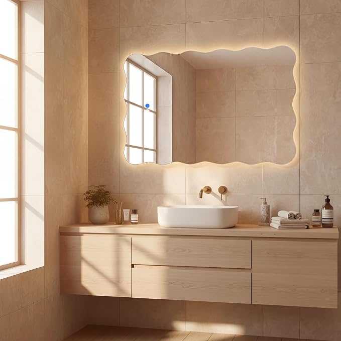 Wavy Led Bathroom Mirror- Vanity Mirror with Lights IP54 Enhanced Anti-Fog, 20"x30" Single Piece 3 Colors Dimmable, Memory,Tempered Glass,UL Listed