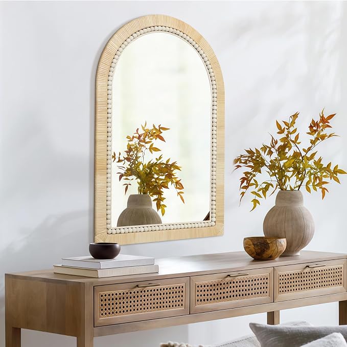 ULIKE Rattan Mirror for Bathroom, 20x30 Inch Arch Rustic Farmhouse Wall Decor with Handmade Wicker Frame, Boho Mirror for Nursery Bedroom Living Room Entryway