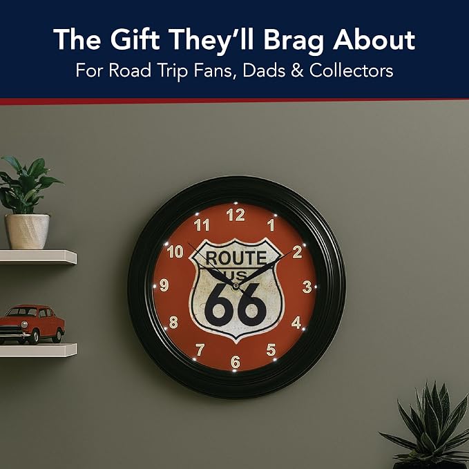 American Art Decor Route 66 LED Wall Clock - 12" Vintage Americana Modern Decor, Battery‑Operated Quartz, Retro Shield for Living Room, Garage, Mancave, Office (Red/Off‑White/Black)