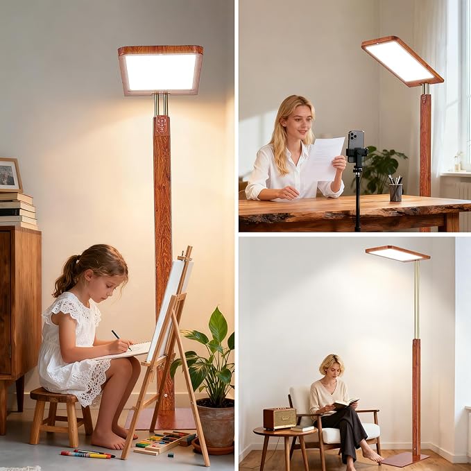 STERREN Vintage Farmhouse Industrial Floor Lamp, 76'' Full Spectrum Eye-Care Height Adjustable Reading Lamp, 2700K-5000K Dimmable Office LED Light for Study Room, Meeting Room, Mahogany