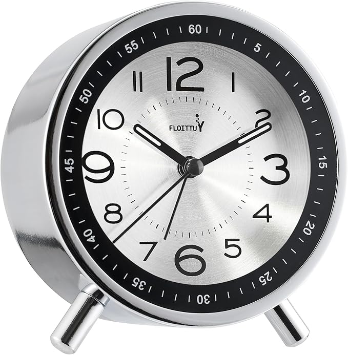 FLOITTUY Super Silent Metal Alarm Clock,Beep Wake Round Alarm Clock with Strip Night Light,Battery Operated,Easy Set,Simple & Retro for Desk, Bedroom and Home Decoration(Metallic Silver)