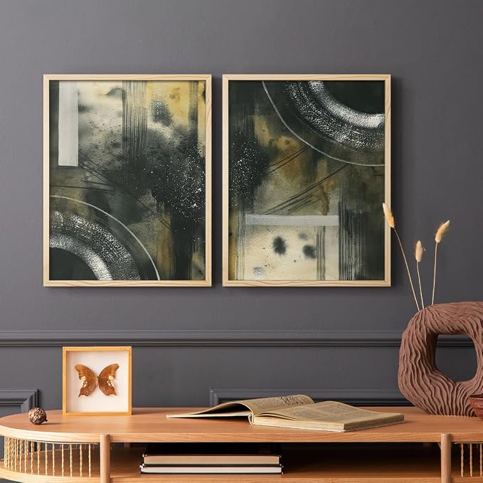 Renditions Gallery Set of 2 Peel & Stick Framed Prints, Moody Abstract Wall Art, Circular and Splattered Effects Wall Decor, Re-Stickable - Ready to Hang - 11"x14" - NATURAL WOOD Frame LT588