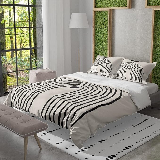 Black Beige Mid Century Modern Duvet Cover Set Twins Size 1 Duvet Cover 2 Pillowcases Abstract Geometric Black Sun Art Boho Comforter Cover Microfiber Soft Bedding Sets with 2 Pillowcover