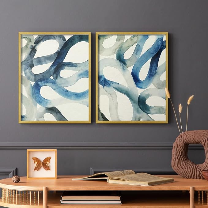 Renditions Gallery Set of 2 Peel & Stick Framed Prints, Watercolor Abstract Wall Art, Aquatic Water and Sand Strokes Wall Decor, Re-Stickable - Ready to Hang - 11"x14" - GOLD Frame LT588