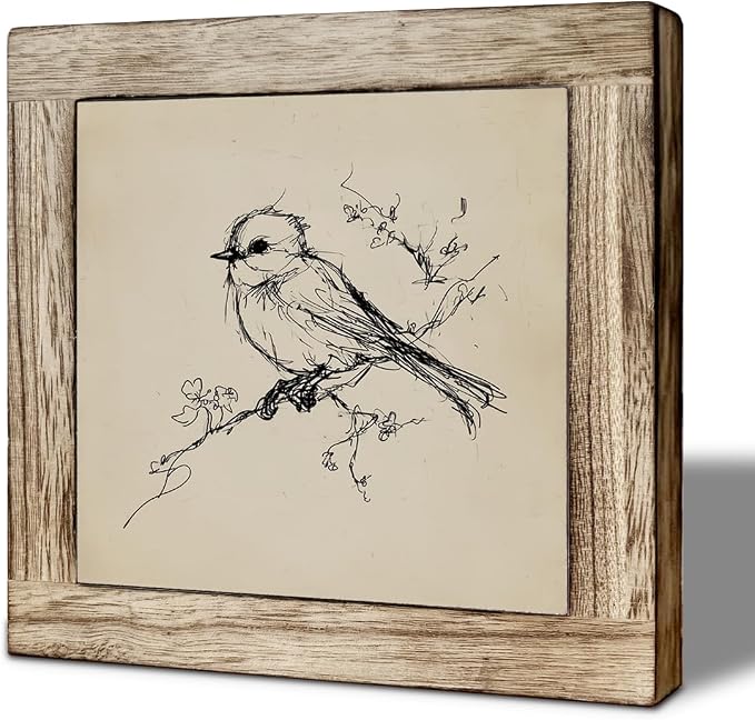 Minimalist Bird Sketch Wooden Desktop Sign, Vintage Line Drawing Bird Wood Plaque Tabletop Decor, Rustic Farmhouse Nature Wooden Sign for Home Office Shelf