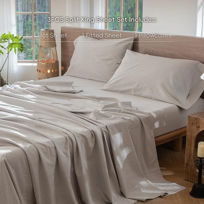 MooMee Bedding Sheet Set 100% Washed Cotton Linen Like Textured Breathable Durable Soft Comfy (Solid Light Tan, Twin)