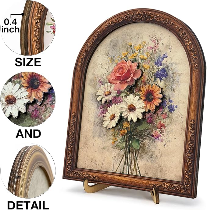 3D Vintage Wildflower Bouquet Desk Decor Sign, Rustic Daisy Rose Floral Framed Wall Art Sign for Home Bedroom Living Room Desk Wall Shelf Farmhouse Aesthetic Decor 8x10 Inch