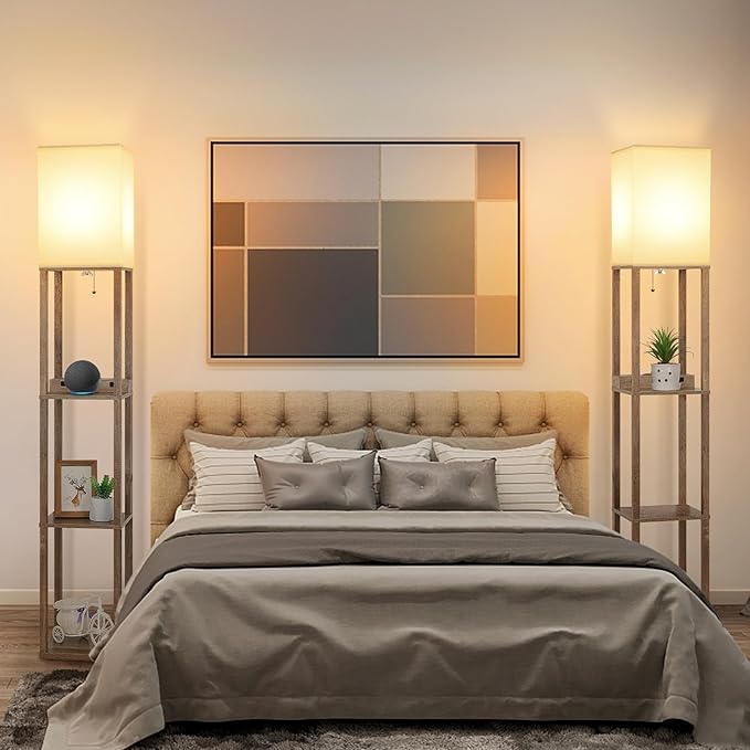 Mlambert Modern Shelf Floor Lamp with Wireless Charger & Fast Charging USB Ports & Type C Port & 2 Power Outlets,3 Tier Storage Lamp for Bedroom(Wood)