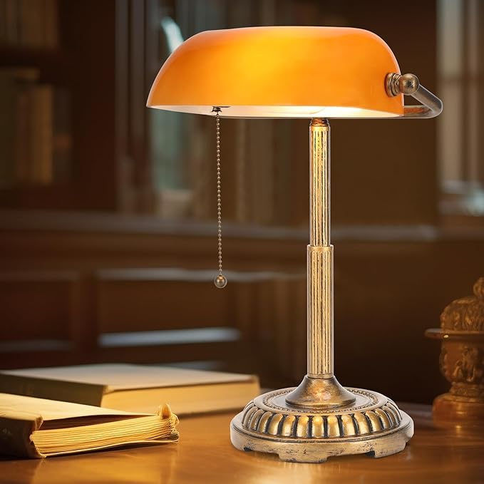NISSAFORS Bankers Lamp, Amber Desk Lamp with Pull Switch, Vintage Table Lamps for Home Office, Library, Piano (Amber)