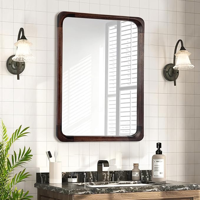 Tanmicoshomy Wood Bathroom Mirror 20 x 30 Inch, Solid Wood Framed Rectangle Mirrors with Tempered Glass for Living Room Bedroom or Entryway(Dark Brown)