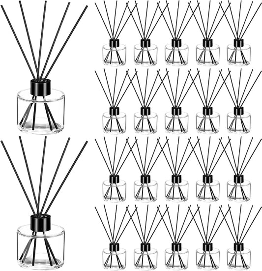Chunful 20 Sets Reed Diffuser Bottle Empty Refillable Fragrance Glass Diffuser Bottles 100ml Round Glass Jars with Black Caps and Rattan Sticks for Living Room Home Replacement Fragrance DIY Decor