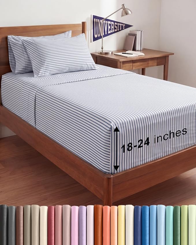Extra Deep Twin XL Sheet Set - 4 Piece College Dorm Bed Sheets Set with Extra Deep Pockets - Ultra-Soft, Comfy & Breathable Bedding for Women, Men, Kids & Teens - Wrinkle & Fade Free - Blue Stripes 2