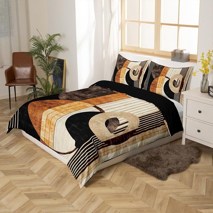 Modern Geometric Duvet Cover Set Queen Size,Retro Striped Circle Bedding Set,Boys Girls Room Decor,Abstract Aesthetic Stripes Lines Comforter Cover,Brown Black Quilt Cover,2 Pillowcases(No Filler)