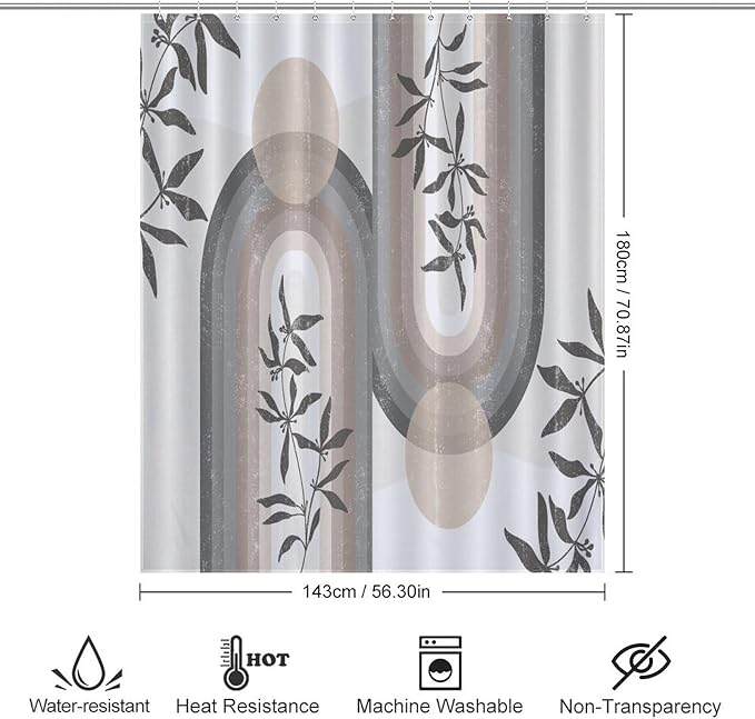 Boho Leaf Mid Century Shower Curtains, Bohemian Plant Mid Century Tropical Abstract Modern Washable Waterproof Fabric for Bathroom Decor Bathtub with 12 Hooks 55x72in（140x183cm）