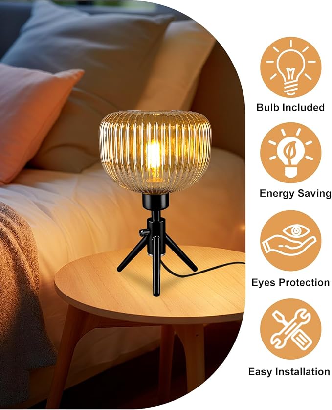 Lightdot Tripod Glass Table Lamp Black Small Desk Lamp with Brown Striped Glass Shade, 3000K Warmwhite Dimmable Nightstand Lamp for Bedroom/Bedside/Living Room/Study Room/Home Decor