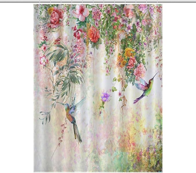 Watercolor Flowers Hummingbird Shower Curtain,Watercolor Floral with Tropical Flower Bird Butterfly Spring And Summer Waterproof Shower Curtains for Bathroom Decor 12 Pack Hooks 55x72in（140x183cm）