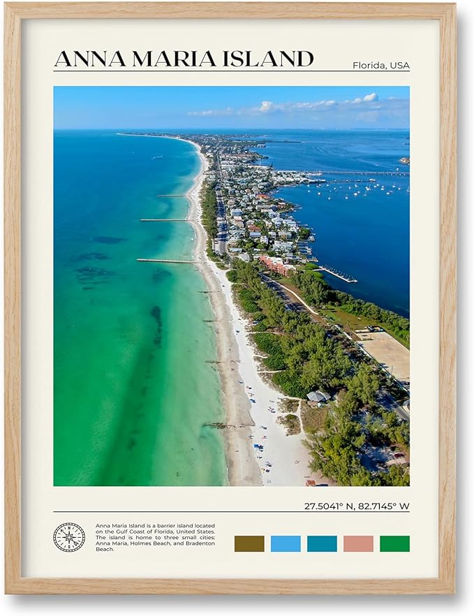 HesenDot Natural OAK Wood Framed Anna Maria Island Wall Art,12x16in Florida Seascape Canvas Wall Print,Classic Urban Landmark Wall Decor for Living Room, Bedroom,Office Gallery Set of 1