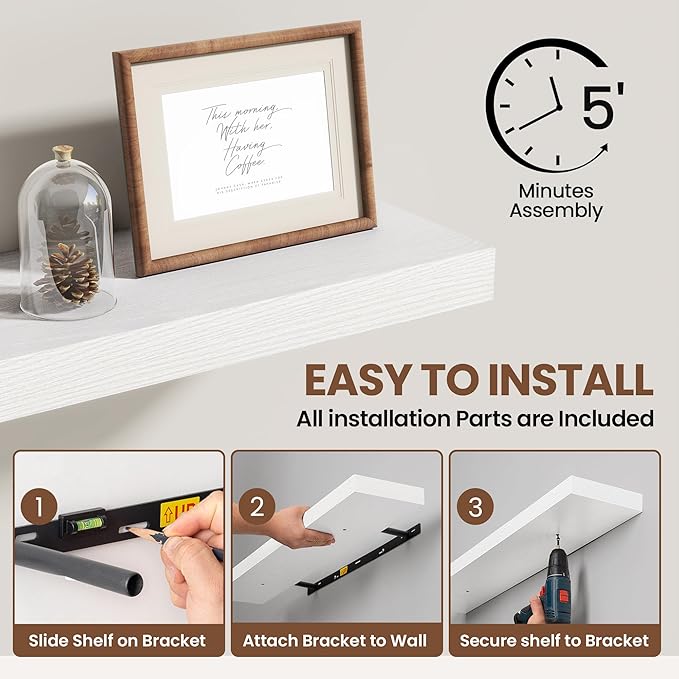 40 Inch Floating Shelves for Wall 2 Pack, 40" Wall Shelves for Books, Storage, Decor, Wall Mounted Floating Shelf with Invisible Brackets for Kitchen, Living Room, White