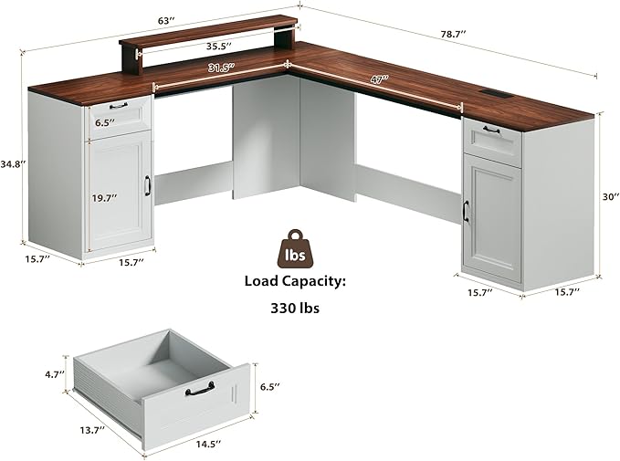 HUAHUU 78" Farmhouse L Shaped Executive Desk with Drawers, Modern Computer Desk with Power Outlets, Office Writing Desk with Monitor Stand & Storage Cabinet, Printer Shelf, Antique White