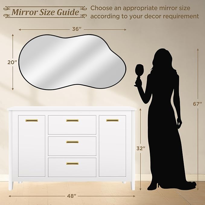 Irregular Wall Mirror - Wall Mirrors Decorative 20"x36" Black Asymmetrical Mirror Tempered Glass Aviation Aluminum Alloy Frame for Bathroom, Bedroom, Living Room, Cloakroom, Entryway