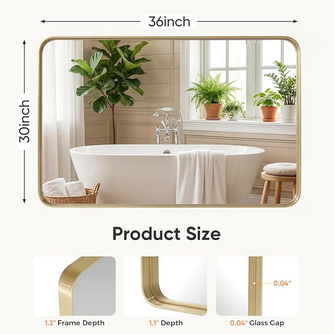 Sweetcrispy Bathroom Wall Mirror, 36x30 Inch Wall Mount Mirror for Over Sink, Modern Rounded Rectangle Vanity Mirrors with Matte Metal Framed, for Home Decor, Living Room, Bedroom, Gold