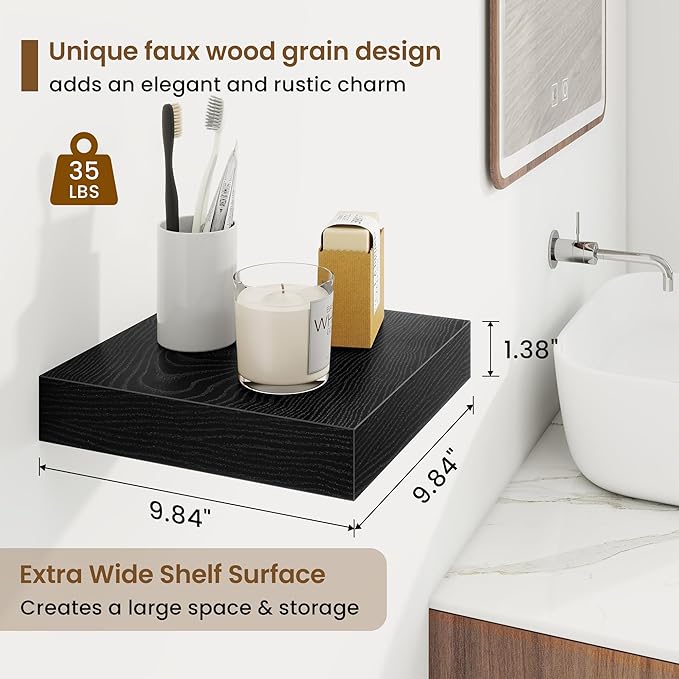 Square Floating Shelves for Wall, 10"W x 10"D x 1.25"H, 3 Packs Small Wall Mounted Engineered Wood Shelves with Invisible Brackets for Living Room, Bedroom, Bathroom, Kitchen Decor, Black