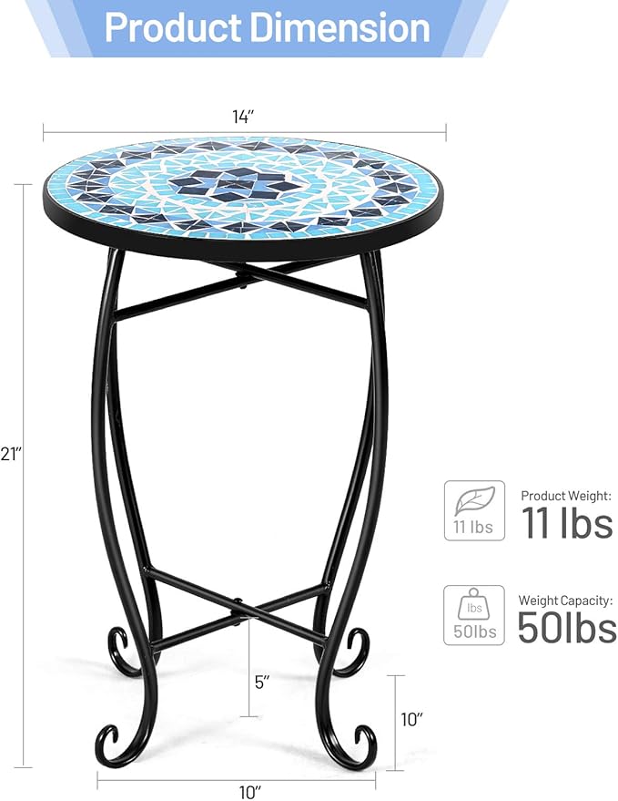 Giantex Outdoor Side Table, Mosaic Patio Table, 14inch Accent Table Plant Stand Indoor, Ceramic Tile Top Metal Frame, Small End Table Porch Beach Patio Garden Balcony Poolside