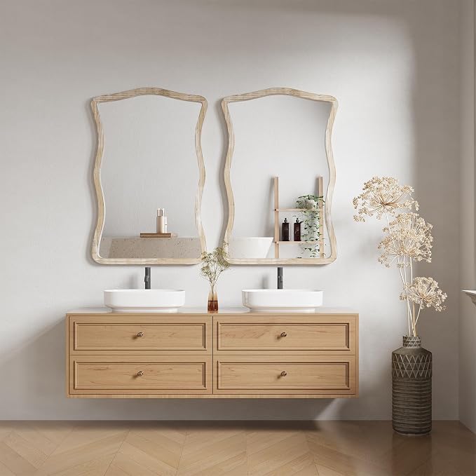 ULIKE Wavy Wall Mirror for Bathroom, 24x36 Wood Frame Mirror for Over Sink, Rustic Wall Mirrors Decorative and Vanity Mirrors for Bedroom Living Room Entryway, White