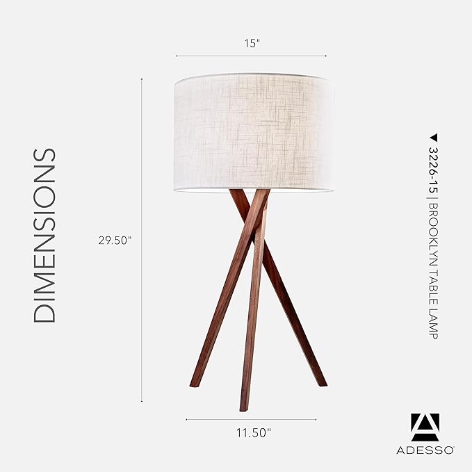 Adesso Table Lamp with Walnut Tripod Base and White Linen Lampshade – Bedside Table, Home Office Lighting or Living Room Décor, 29.5” x 15”