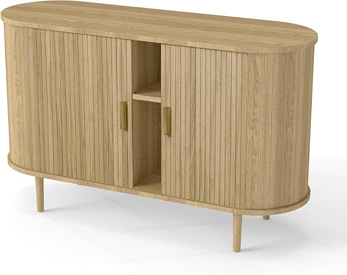 Fluted Sideboard Buffet Cabinet with Storage, 47" Mid-Century Modern Console Table with Sliding Doors, Wood Credenza for Dining Room, Coffee Bar Station, Light Oak