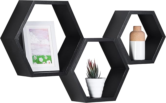 PHOENANCEE Hexagon Floating Shelves,Honeycomb Shelves Set of 3,Wall Mounted Wood Farmhouse Hexagonal Storage Shelf for Bathroom, Kitchen, Bedroom, Living Room