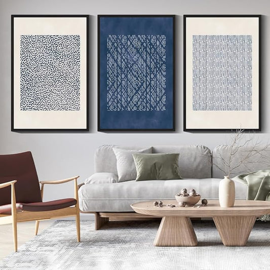 Drsoum Blue Mid-Century Modern Framed Wall Art Large 24x36in Minimalist Abstract Boho Wall Decor Geometric Artwork Kitchen Dining Room Black Framed