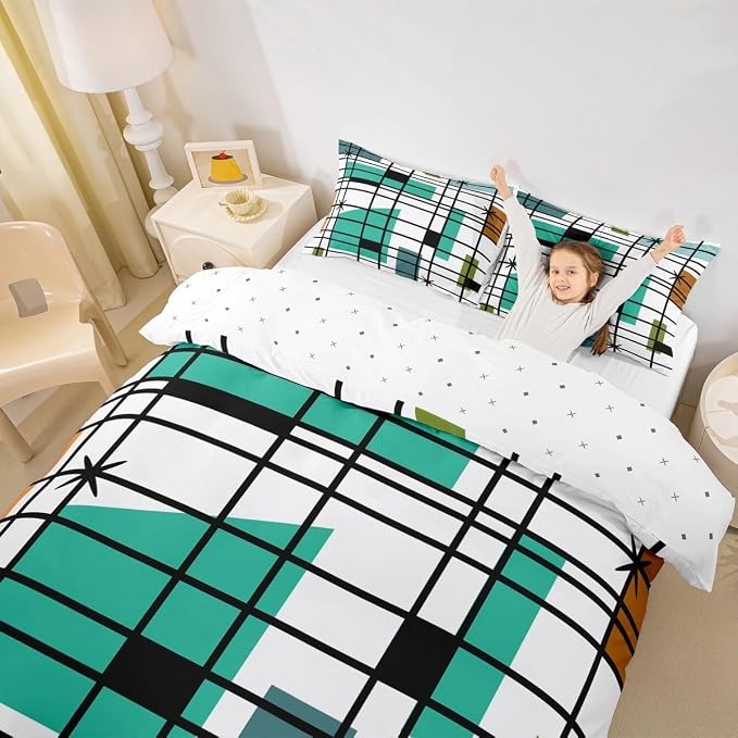 Erosebridal Retro Atomic Duvet Cover Full White Turqoise Black Bedding Set, Geometric Lines Stripes Comforter Cover Mid Century Minimalist Bed Set, Fifties Old Fashion Bedding Microfiber 3pcs