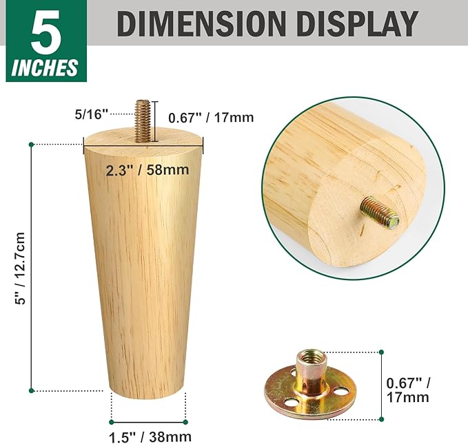 FoDau770 Rubber Wood Furniture Legs 5 Inches, Straight Tapered Wood Feet Mid Century Sofa Legs Set of 4, 5/16" UNC Furniture Feet Replacement Parts for Cabinet Couch Dresser Chair Ottoman Table