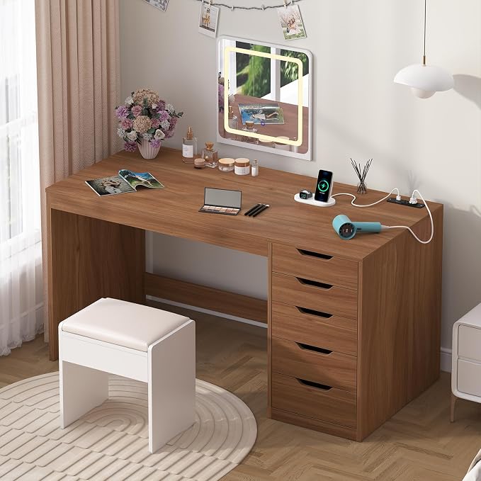 YOMILUVE 47 Inch Computer Desk with 5 Drawers and Power Outlets, Home Office Desks with Storage File Cabinet, Modern Simple Laptop Desk Writing Table for Small Spaces, Brown